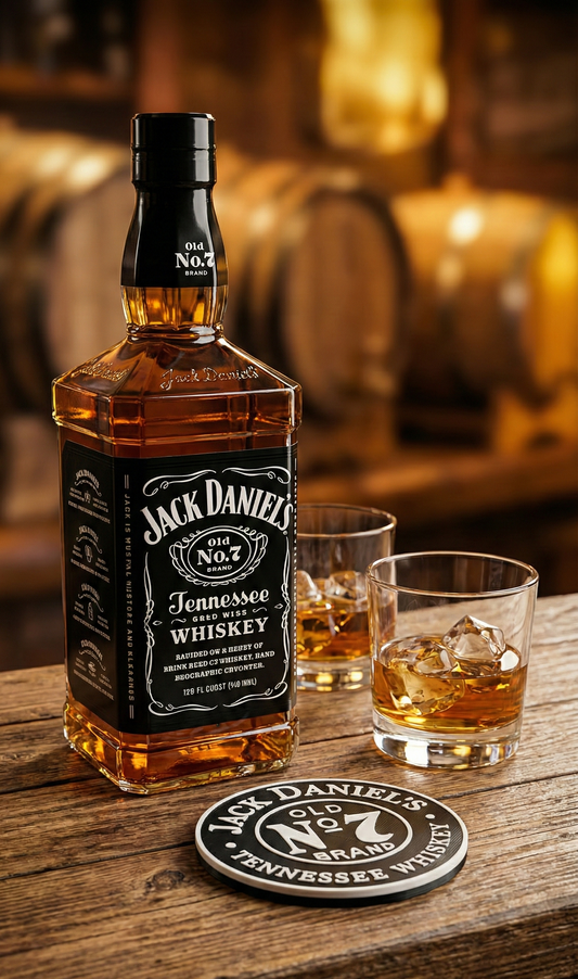 Jack Daniel's Theme Mini-Bar Round Coasters — Set of 4 With Vertical Display Stand