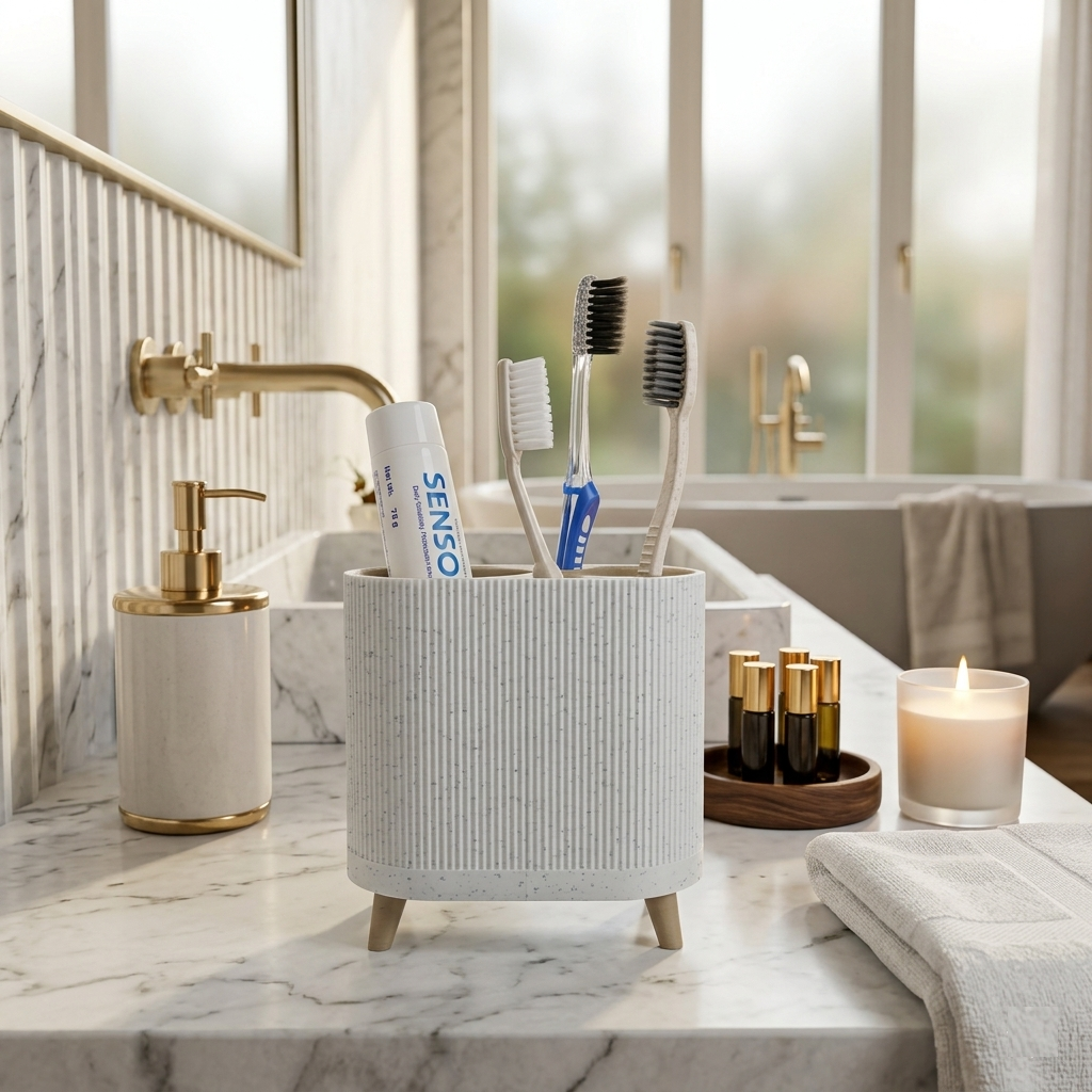 Nordic Ribbed Toothbrush & Toothpaste Holder | 5-Slot Bathroom Countertop Organizer