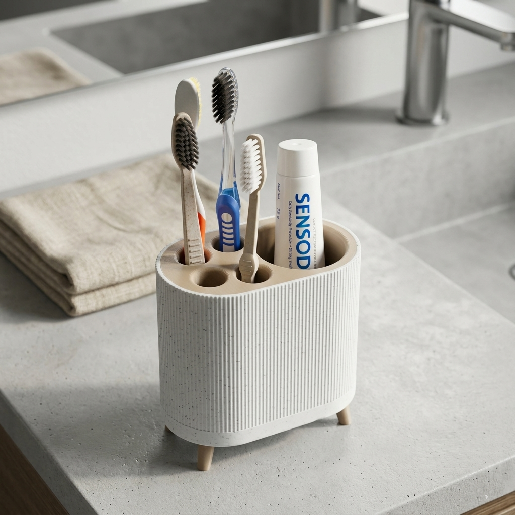 Nordic Ribbed Toothbrush & Toothpaste Holder | 5-Slot Bathroom Countertop Organizer