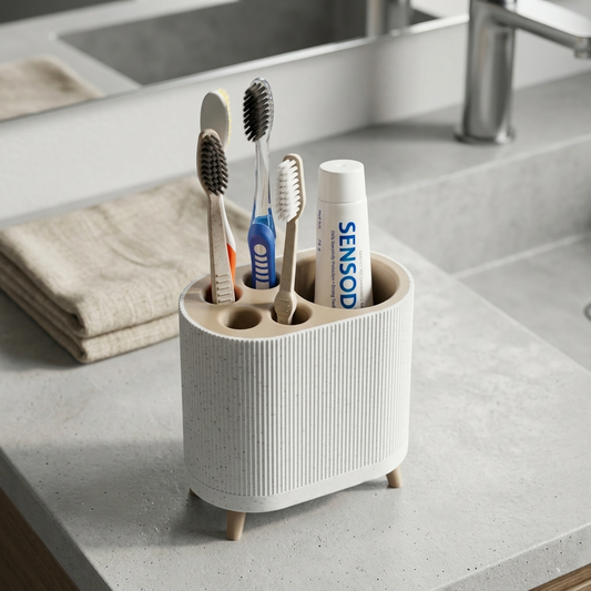 Nordic Ribbed Toothbrush & Toothpaste Holder | 5-Slot Bathroom Countertop Organizer