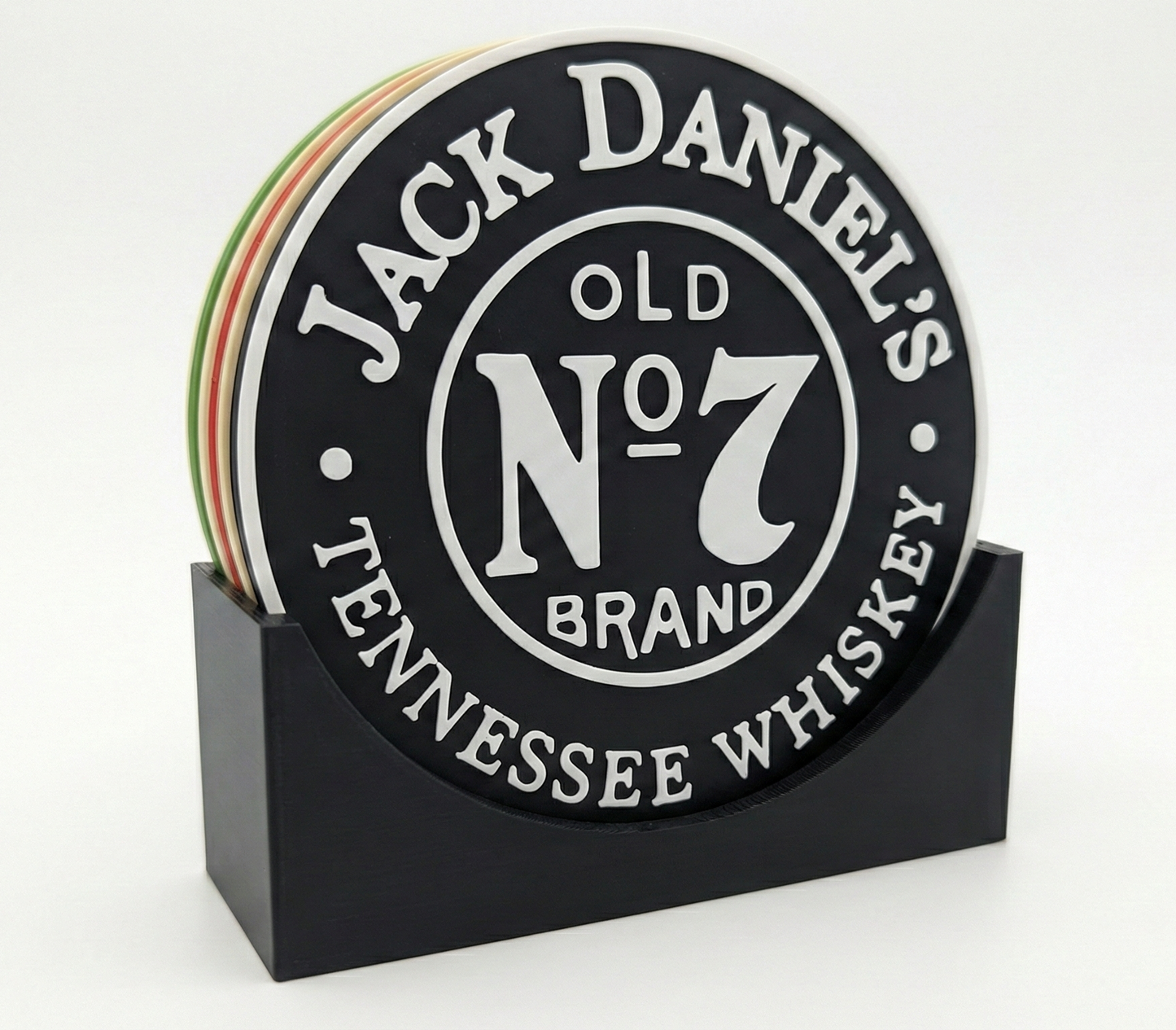 Jack Daniel's Theme Mini-Bar Round Coasters — Set of 4 With Vertical Display Stand