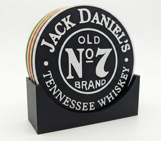 Jack Daniel's Theme Mini-Bar Round Coasters — Set of 4 With Vertical Display Stand