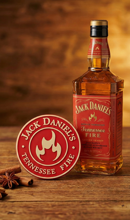 Jack Daniel's Theme Mini-Bar Round Coasters — Set of 4 With Vertical Display Stand