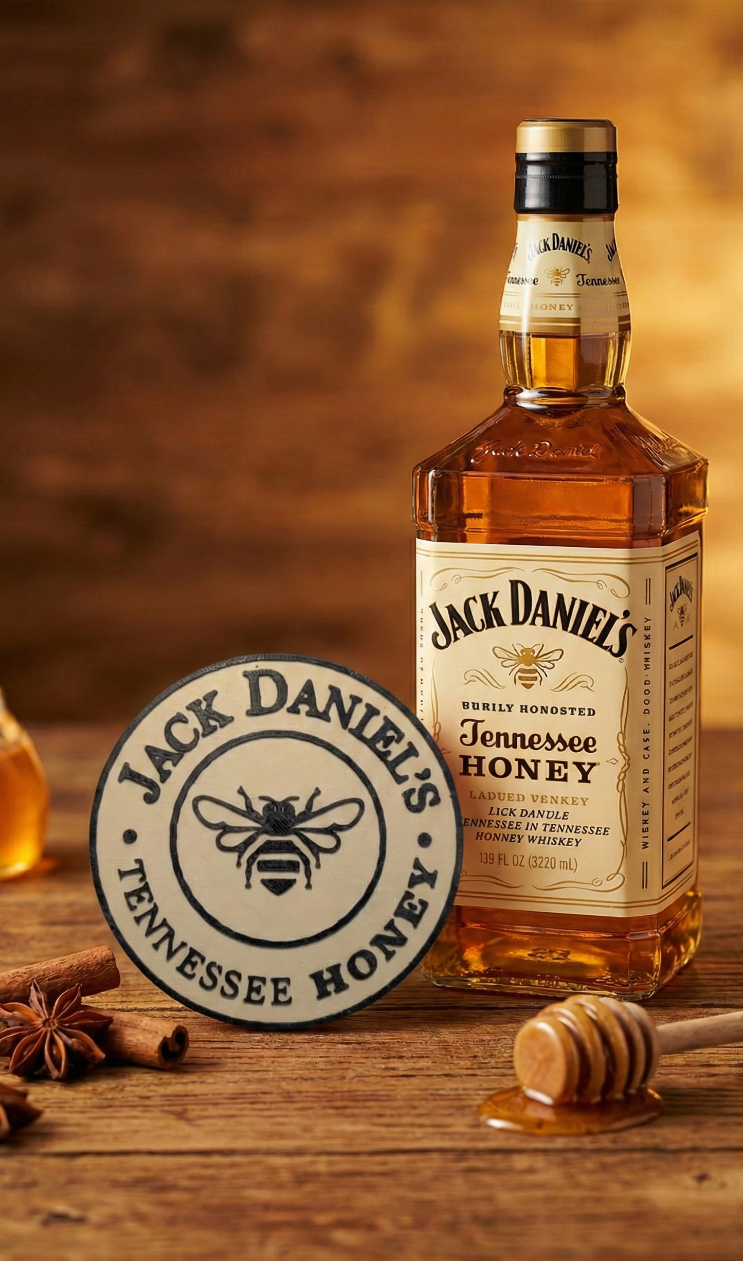 Jack Daniel's Theme Mini-Bar Round Coasters — Set of 4 With Vertical Display Stand