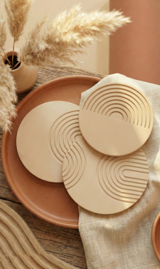 Aesthetic Round Coasters — Set of 6 Minimal Modern Design | Waterproof & Washable